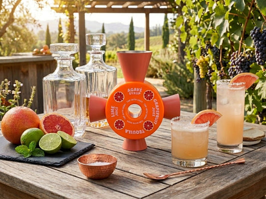 Paloma Cocktail Jigger showing its pre-labelled measures for Tequila, Grapefruit Juice, Lime Juice and Agave Syrup, on a vineyard table beside two palomas