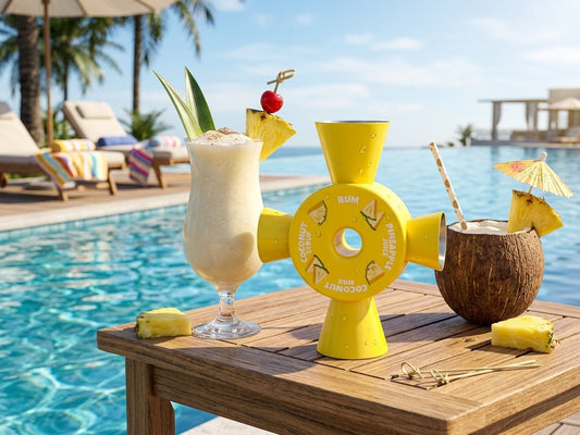 Piña Colada Cocktail Jigger showing its pre-labelled measures for Rum, Pineapple Juice, Coconut Milk and Coconut Syrup, on a poolside table beside a piña colada and a fresh coconut
