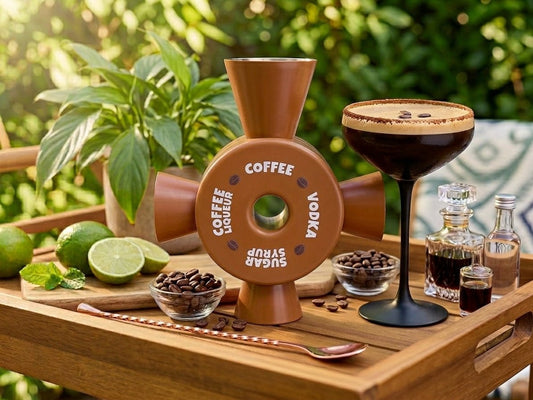 Espresso Martini Cocktail Jigger showing its pre-labelled measures for Coffee, Vodka, Sugar Syrup and Coffee Liqueur, on a garden tray beside a finished espresso martini